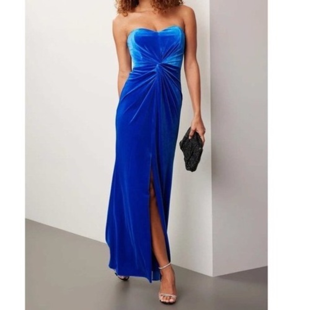 Liv Foster Cobalt Blue Velvet Strapless Twisted Knot Front Slit Maxi Dress 8 e5